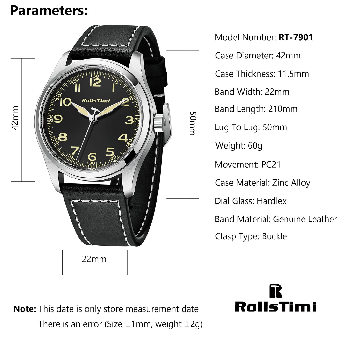 RollsTimi RT7901 Men's Quartz Watches Casual Pilot Sports Leather Wrist Watch for Men Business Wristwatch