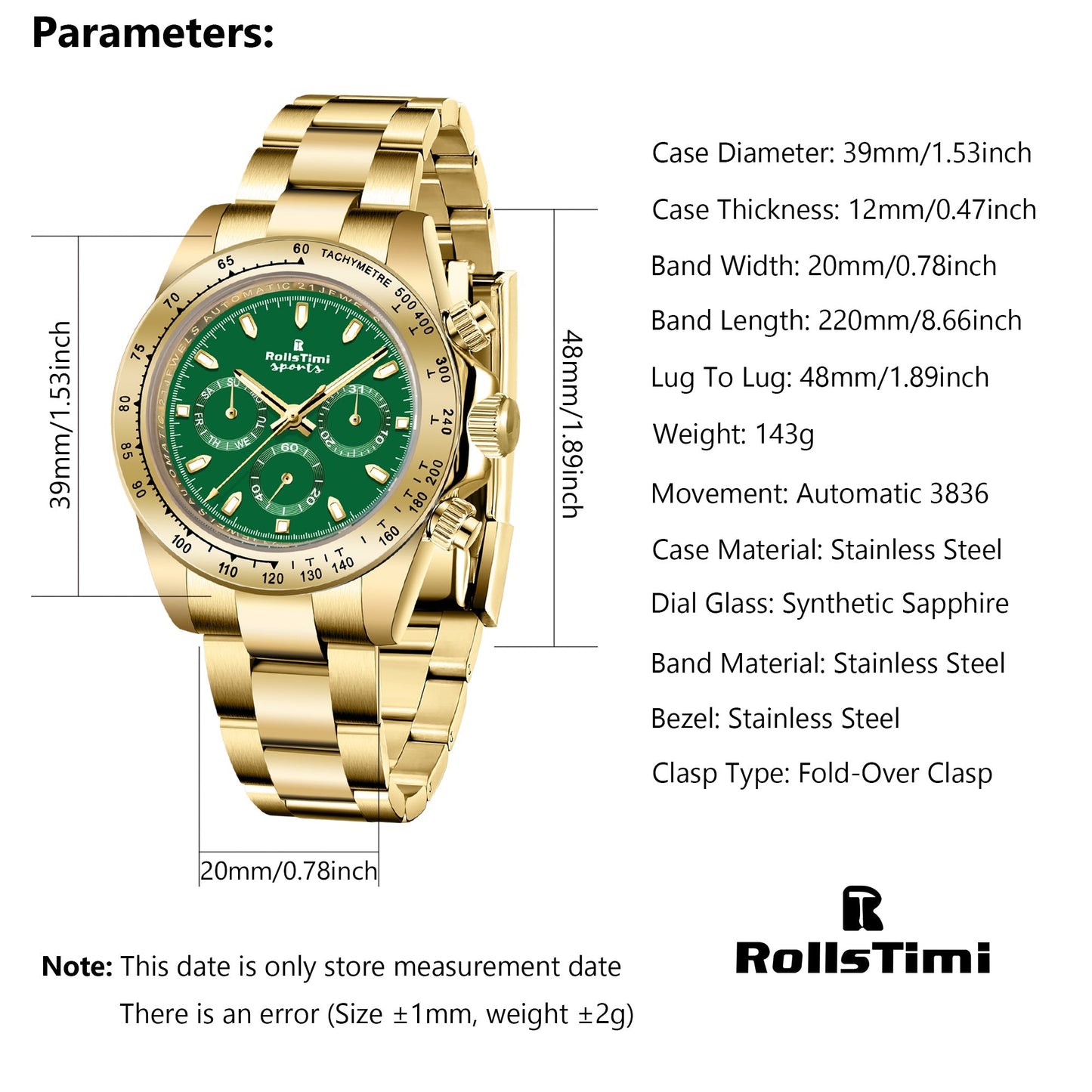 RollsTimi RT137 Men's Automatic Watches full Stainless Steel Mechanical Sports Gold Green Wrist Watches for Men