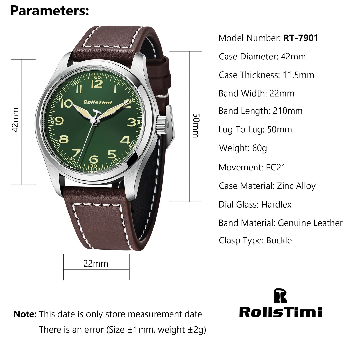 RollsTimi RT7901 Men's Quartz Watches Casual Pilot Sports Leather Wrist Watch for Men Business Wristwatch